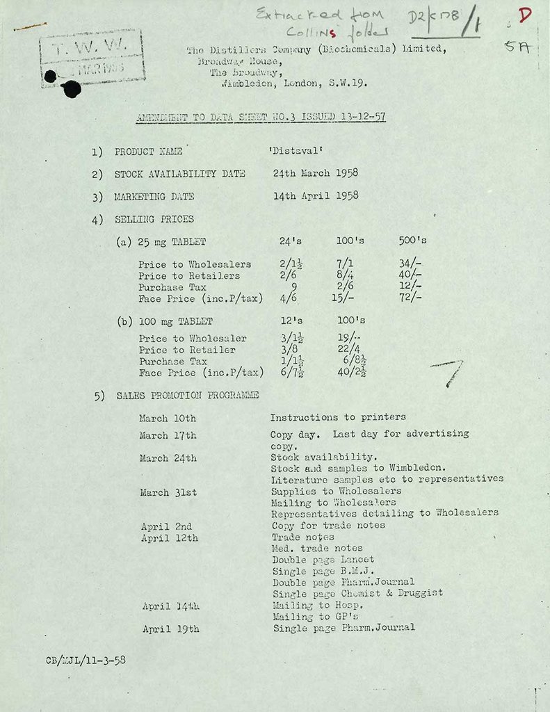 Typed document listing the marketing plans, wholesale and retail prices of thalidomide.