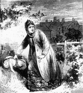 A black and white illustration of a woman dumping a body of a child in the countryside