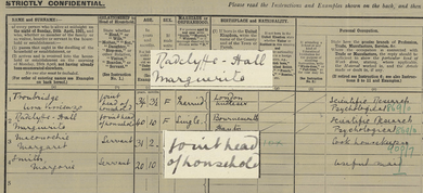 Photograph of black and white handwritten 1921 Census record of Marguerite Radclyffe-Hall