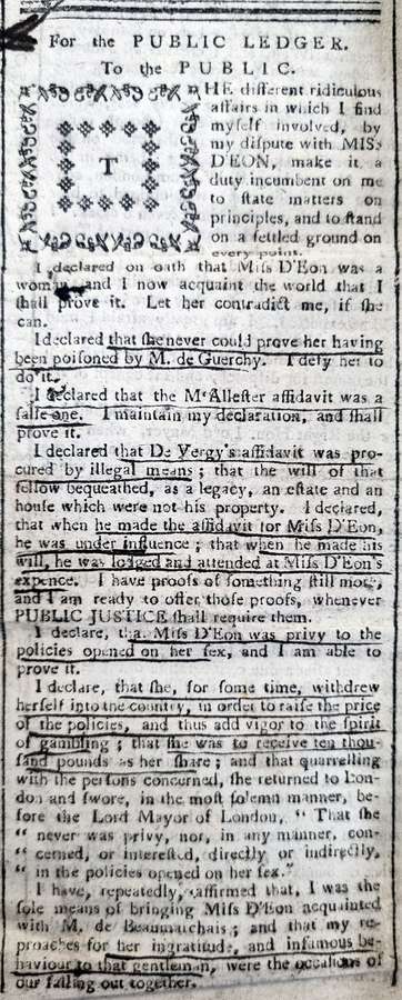 A newspaper cutting of a printed letter written by Charles de Morande.