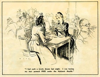 A cartoon of two women seated in a busy café chatting and drinking from cups.