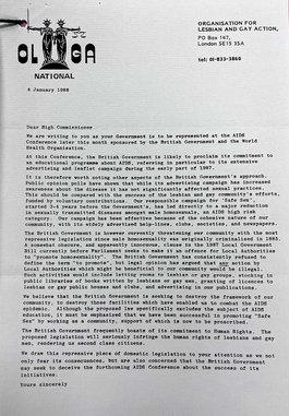 A typed letter headed with the logo for the Organisation for Lesbian and Gay Action (OLGA).