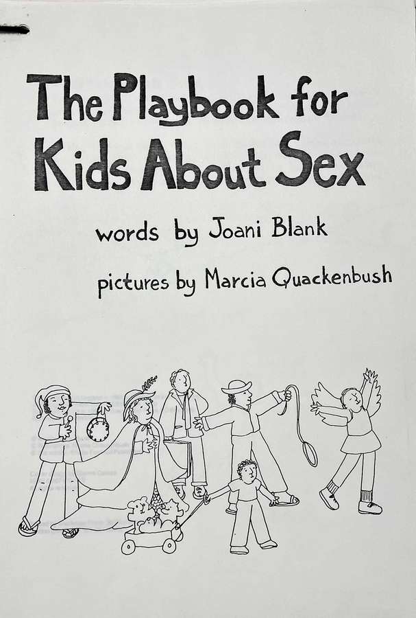 Photocopy of the front cover of a book with simple illustrations of happy adults and children.