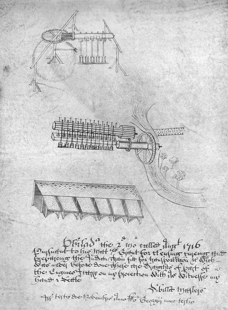 A patent showing three drawings of an invention used to process corn. There is illegible text below.