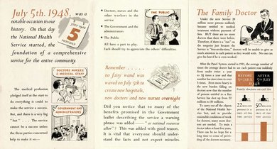 A pamphlet across three pages with text and cartoons illustrating uses of the NHS.