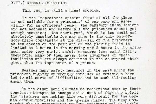 A typed report titled 'Oflag IV C' with a subheading of 'General Impressions' of Colditz.