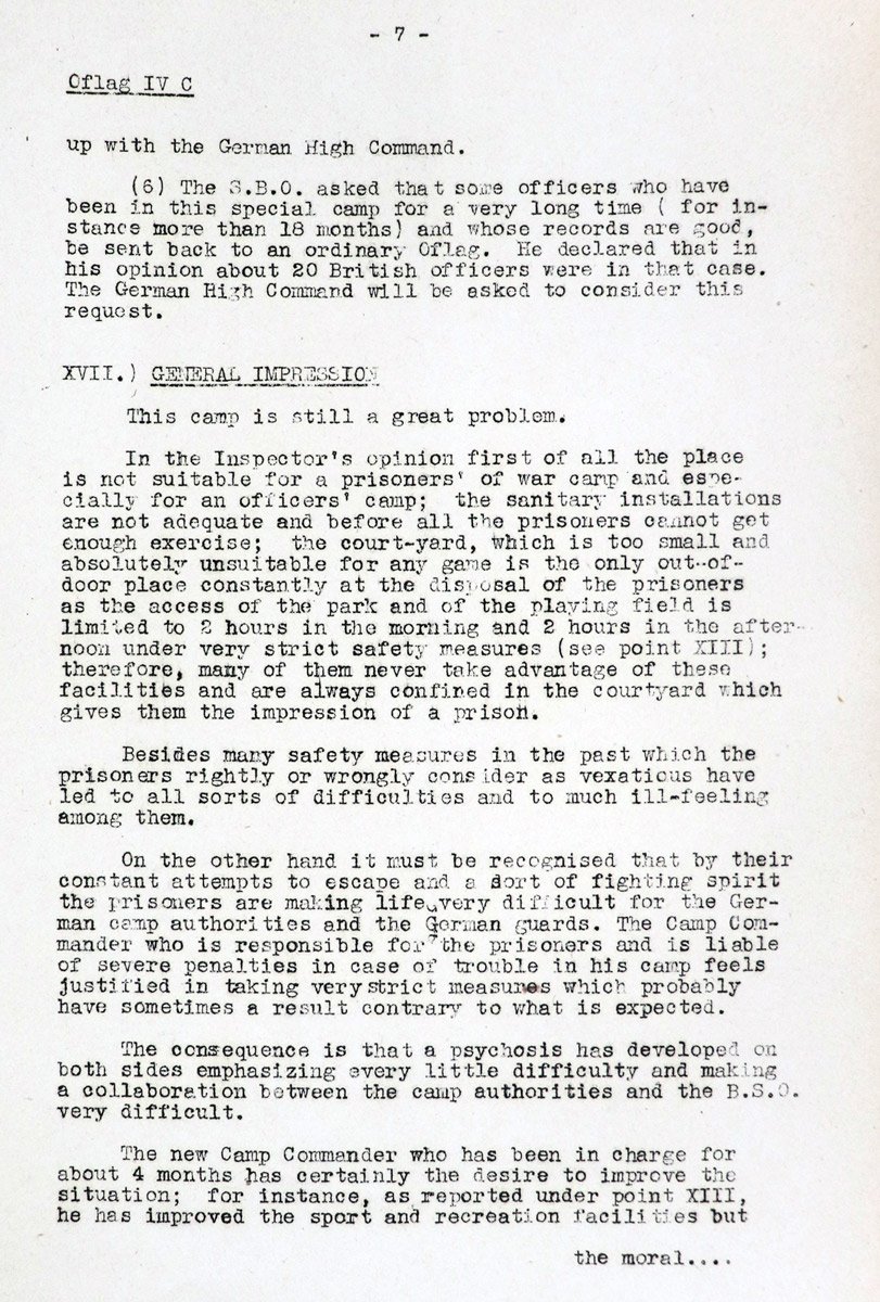 A typed report titled 'Oflag IV C' with a subheading of 'General Impressions' of Colditz.