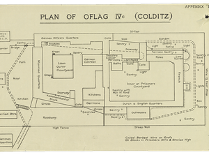 A floor plan of the camp at Colditz Castle titled 'Plan of Oflag IV (Colditz)'.