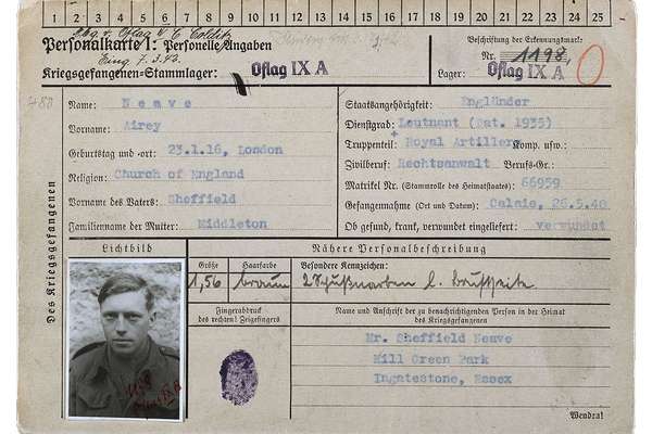 A filled-in prisoner card for Airey Neave with a passport photo of him.