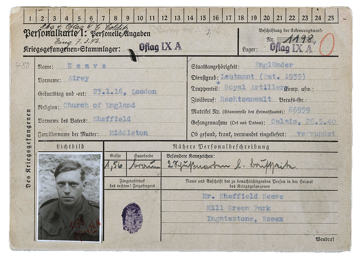 A filled-in prisoner card for Airey Neave with a passport photo of him.