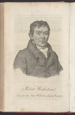 A page of an old book with an engraved head and shoulders portrait of a man