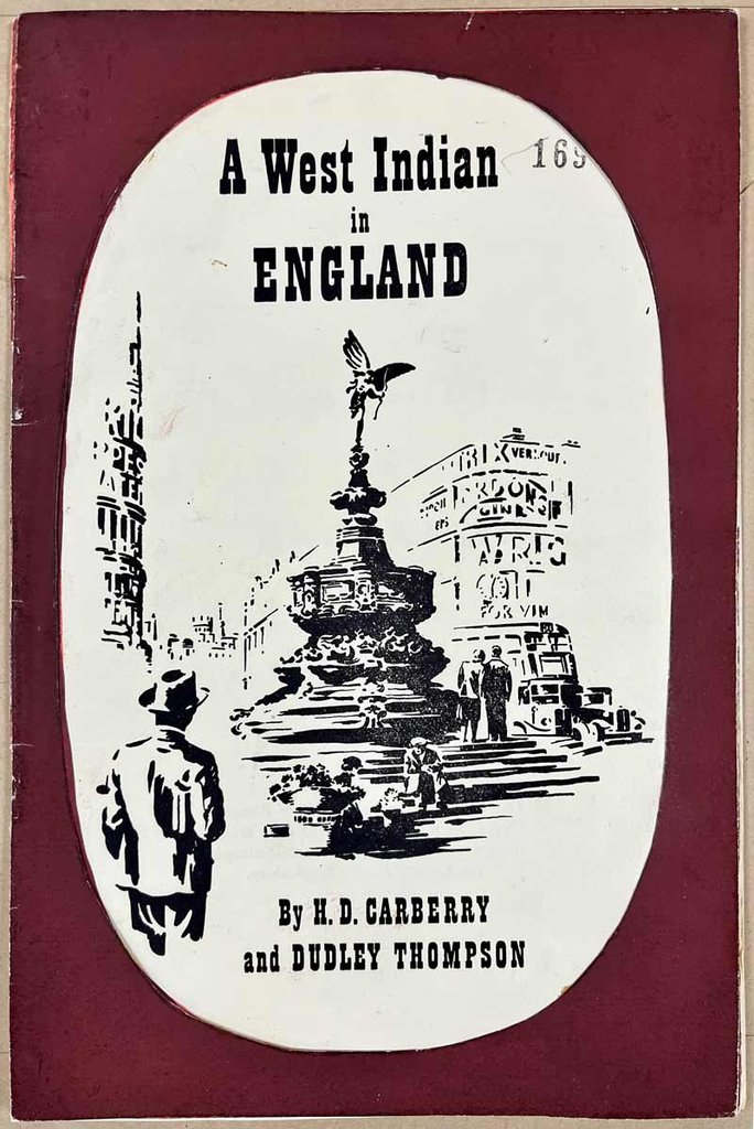 Front cover of a booklet with an inked image of a man looking out at Piccadilly Circus.