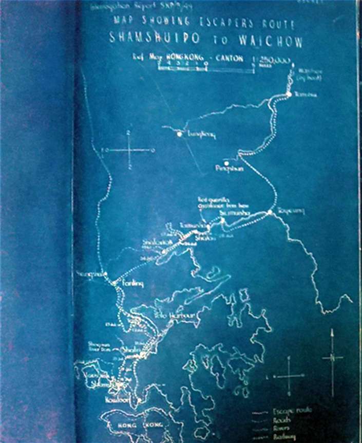 Map showing 'escaper's route Shamshuipo to Waichow'. The map is drawn in white on a blue background.