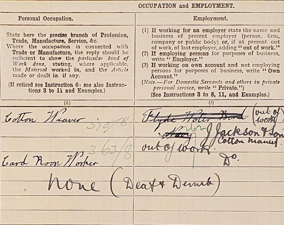 Two columns from Ivy's census form marked 'Occupation and employment', filled in in black ink.
