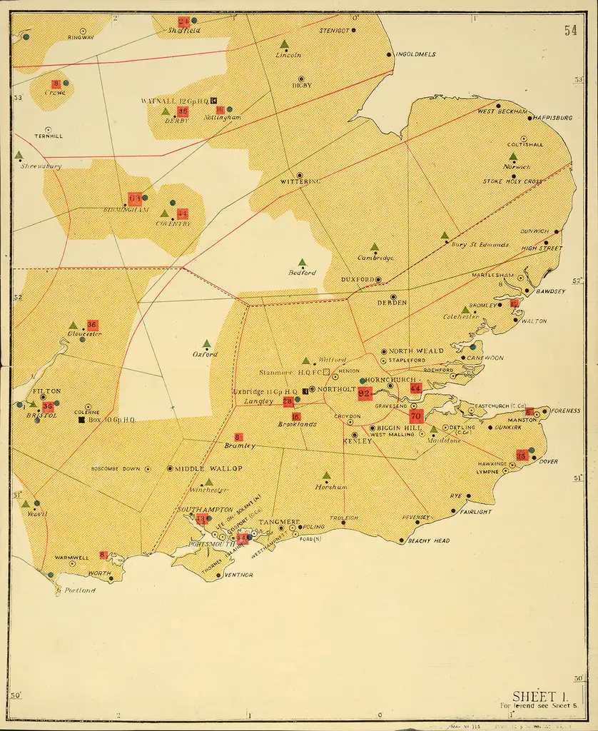 Map showing as far as Sheffield at the top and Bristol on the left side, with air bases marked.