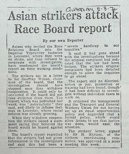 An newspaper article titled 'Asian strikers attack Race Board Report'