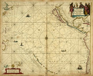 An old yellowed map of the Pacific Ocean showing galleons sailing.