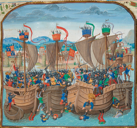 Colourful painting of four ships filled with armoured soldiers fighting each other with swords.