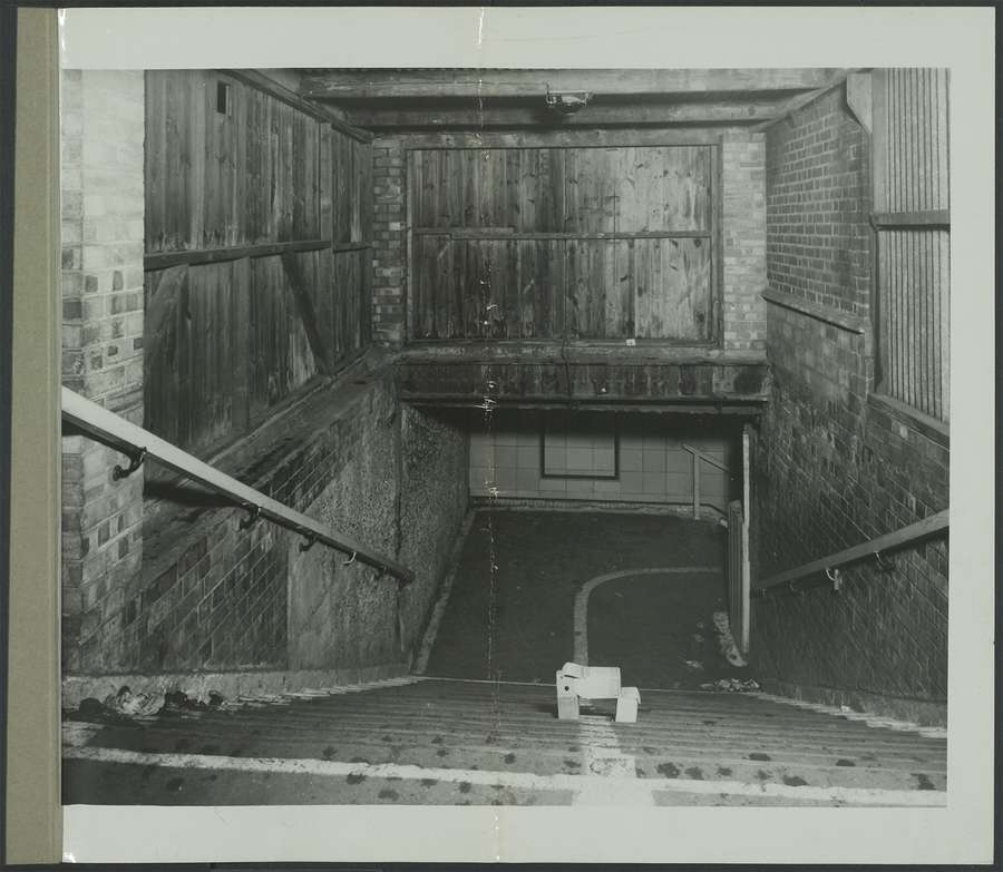 Black and white image of wide steps with bannisters either side hemmed in by wood and brick walls.