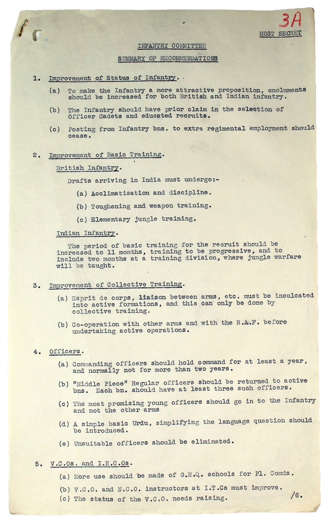 A typed document in a list format outlining recommendations for the British Indian Army.