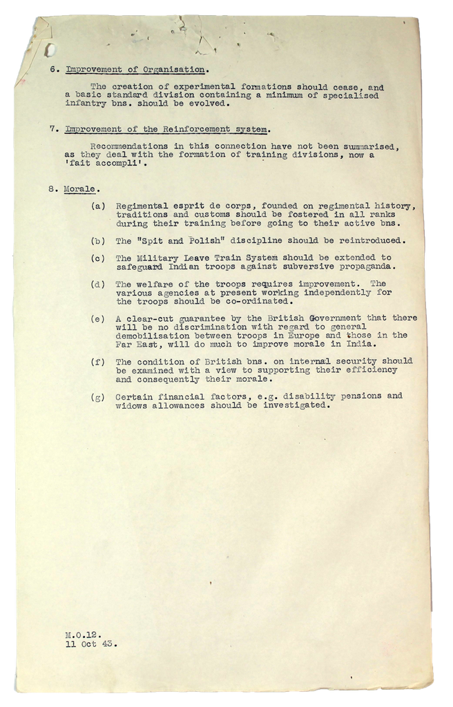 Page two of a typed document in a list format outlining recommendations for the British Indian Army.