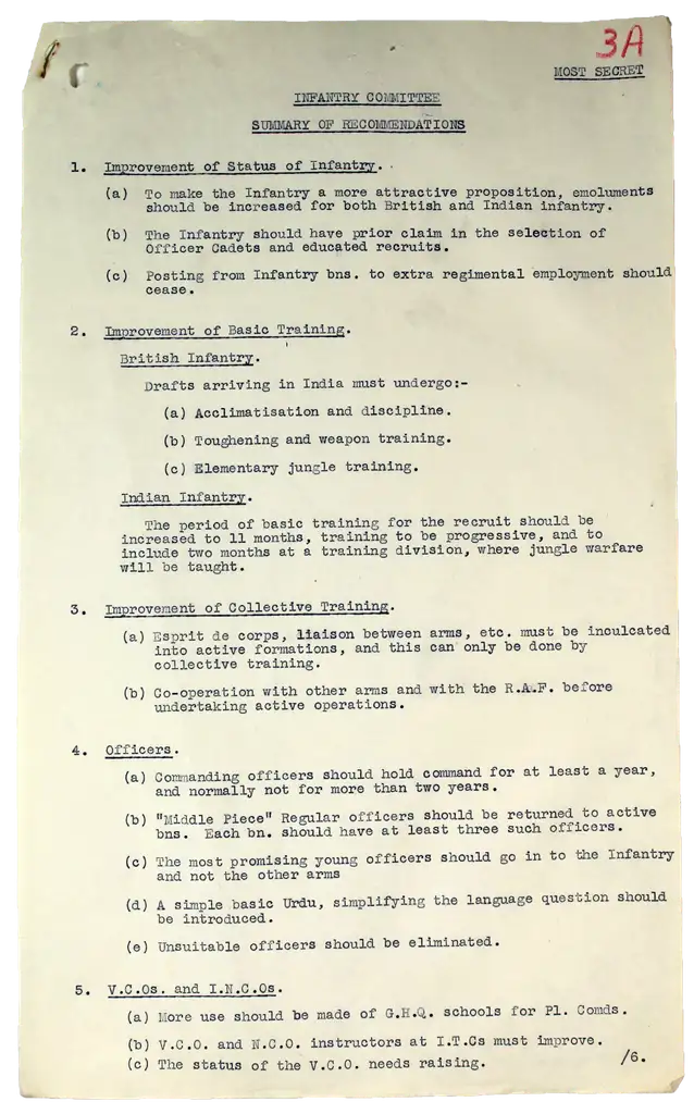 A typed document in a list format outlining recommendations for the British Indian Army.