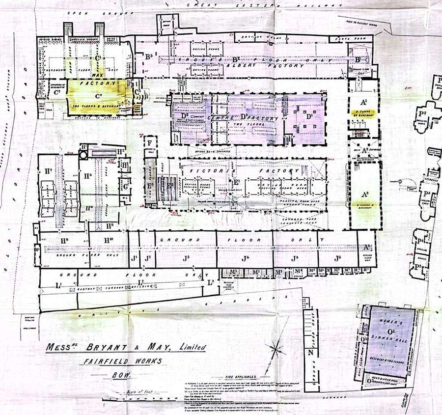 A schematic of a factory with certain areas coloured in by hand.