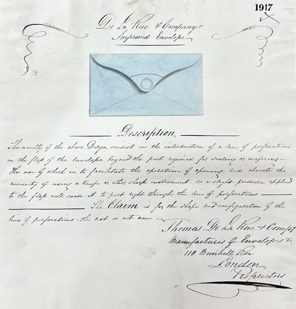 A drawing of a blue envelope with a perforated line on the fold sits above a detailed description.