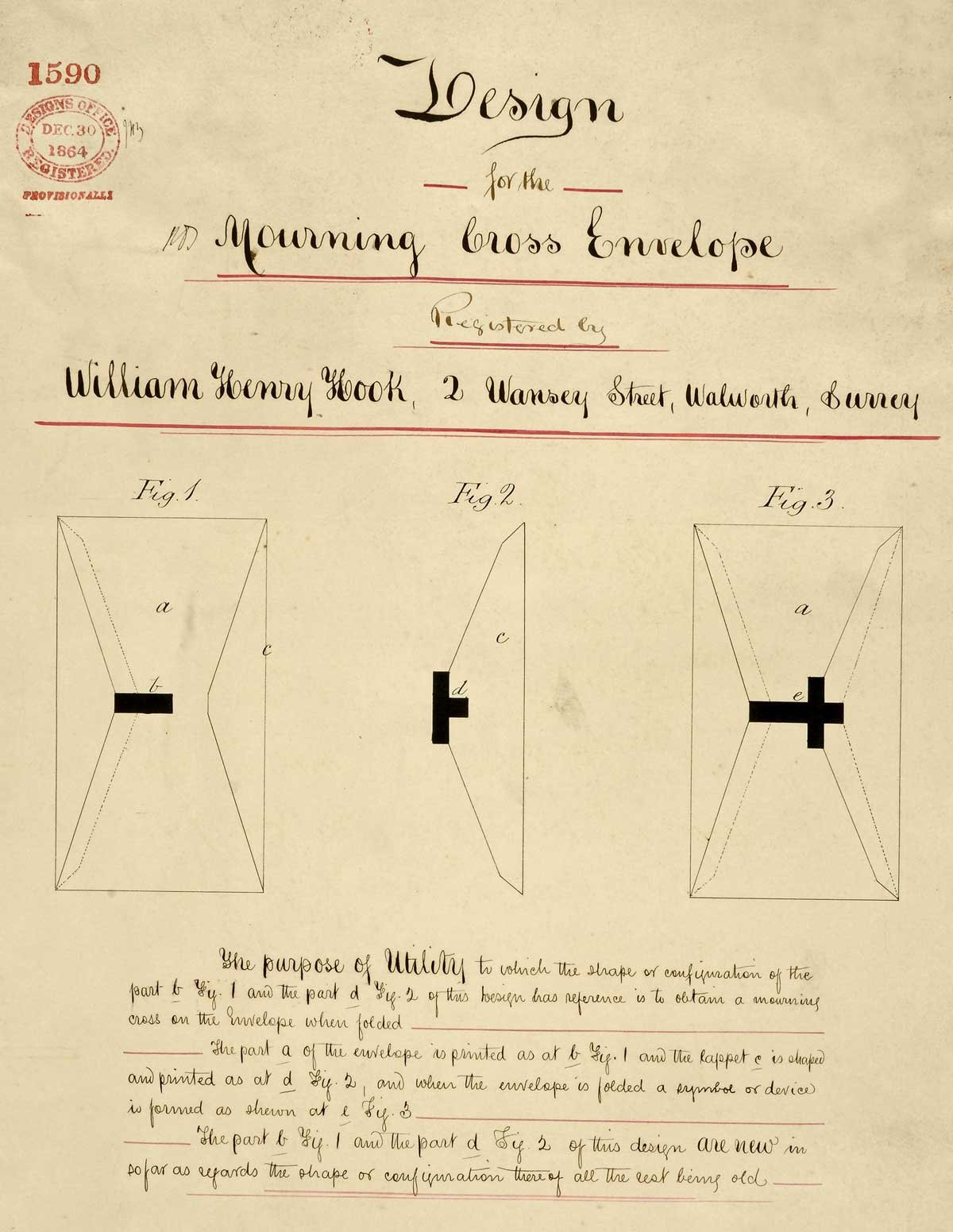 A title, explanatory text and three figures show exactly how The Mourning Cross envelope works.