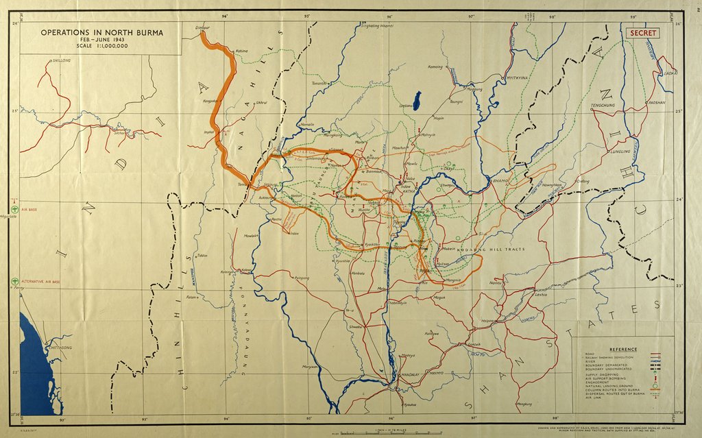 Annotated map with various coloured lines marking territory held.