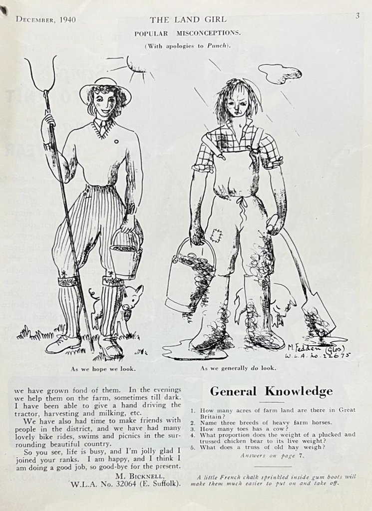 A cartoon showing two contrasting drawn images of land girls.