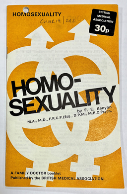 Orange booklet with ‘Homosexuality’ in big letters. Includes two male and two female gender symbols.