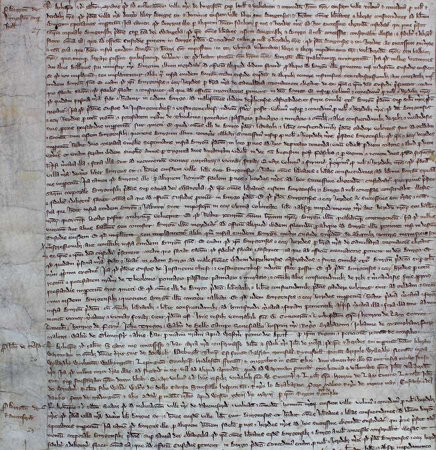 Large written document with dozens of lines of writing in medieval Latin in brown ink.