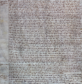 Large written document with dozens of lines of writing in medieval Latin in brown ink.