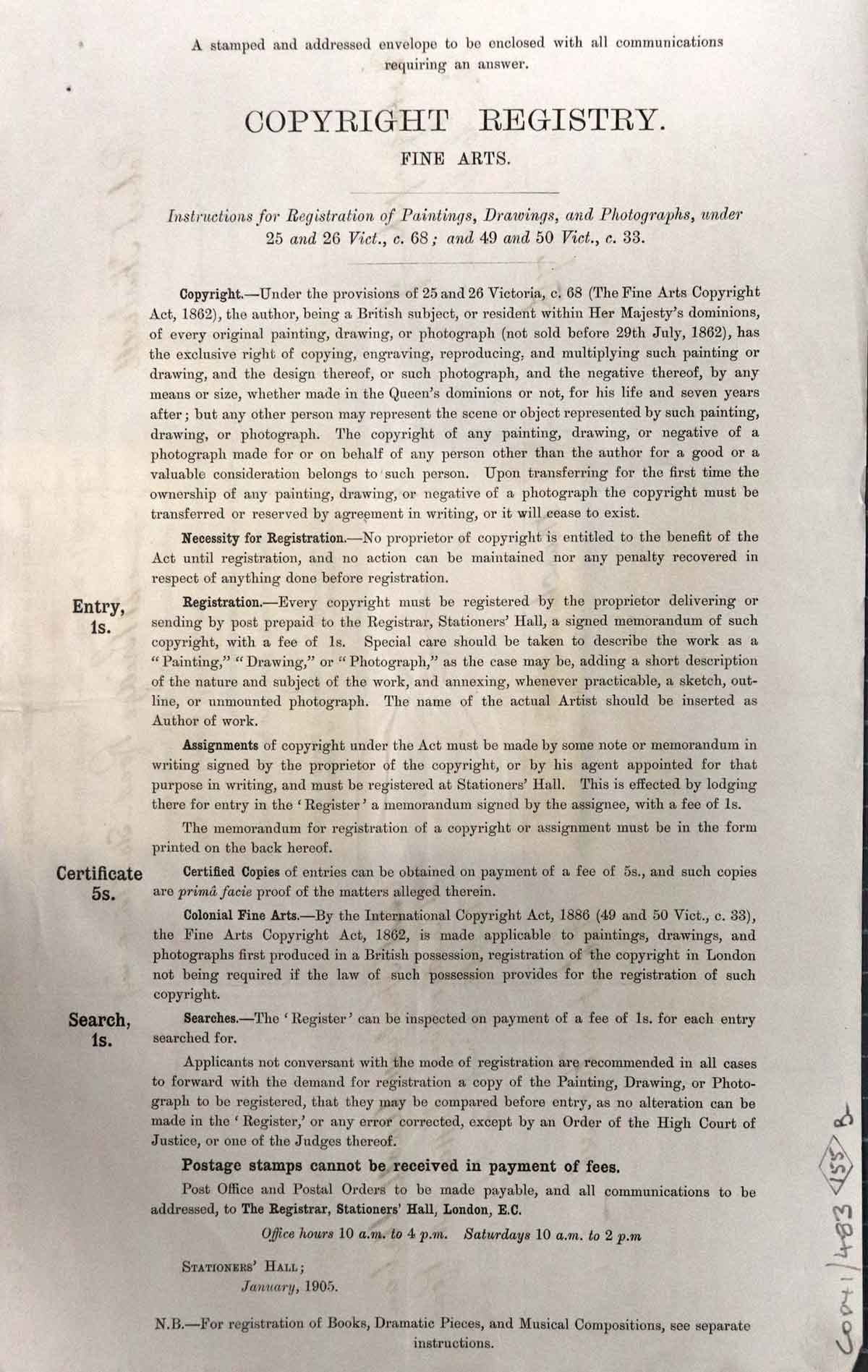 A printed document of dense text giving detailed information about copyright registration