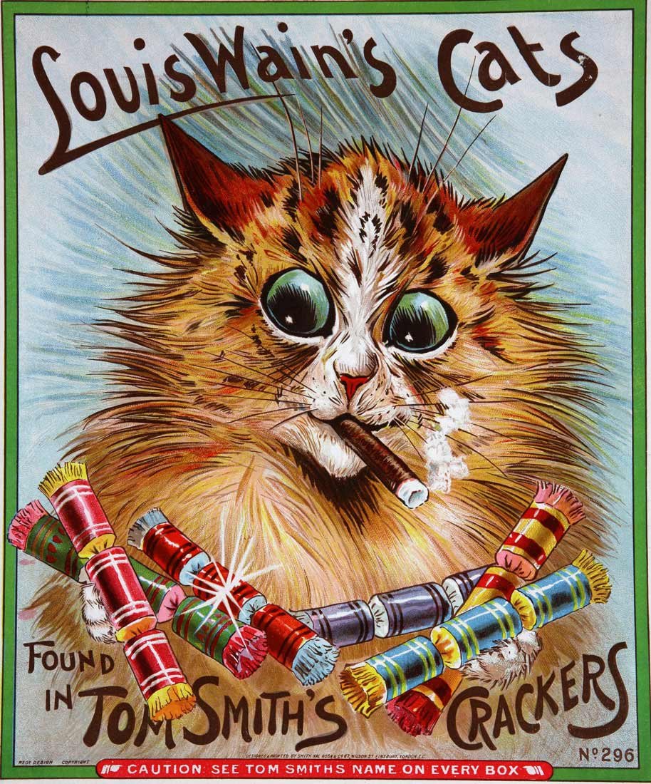 A cat with a lighter in its mouth looks ambitiously at a bunch of crackers in front of them.