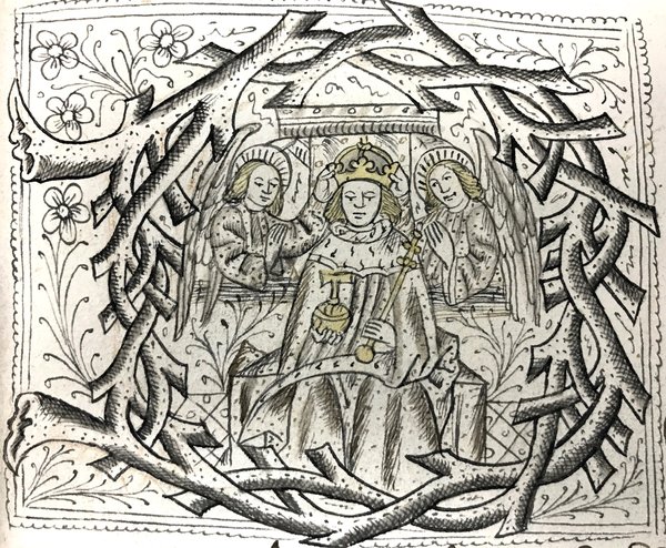 An illustration of a king sitting on a throne flanked by two angels.