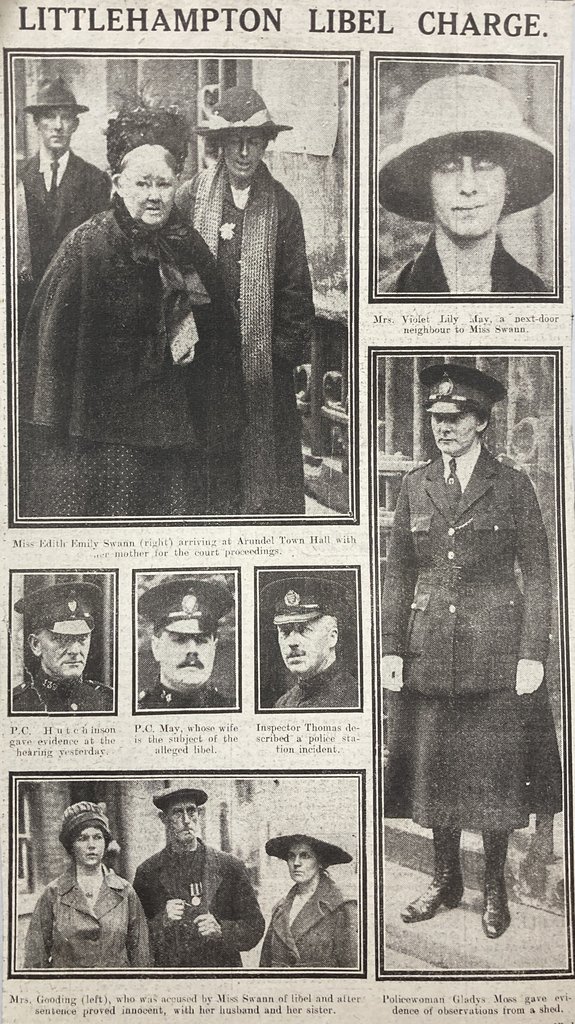 Seven photographs of people on the page of a newspaper headed 'Littlehampton libel charge'.