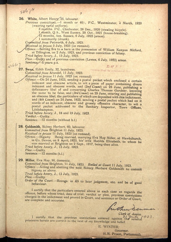 Printed page from a document listing the details of four people's convictions and sentences.