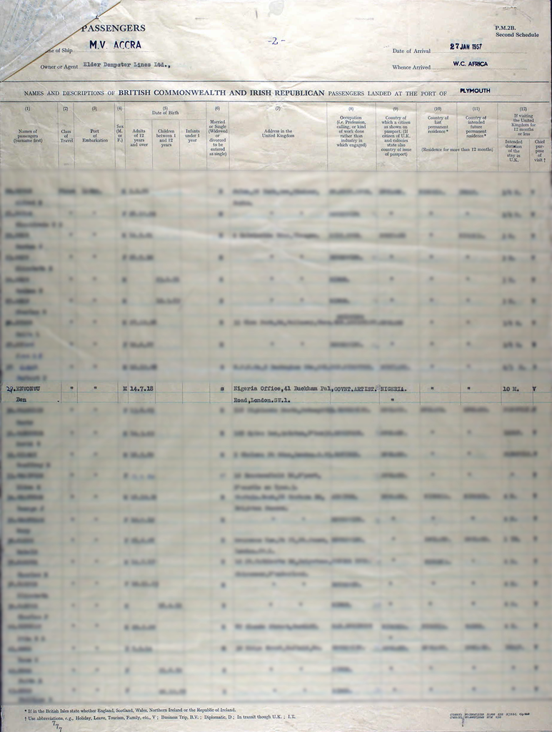 Printed form with typewritten text showing Ben Enwonwu's address and date of birth.