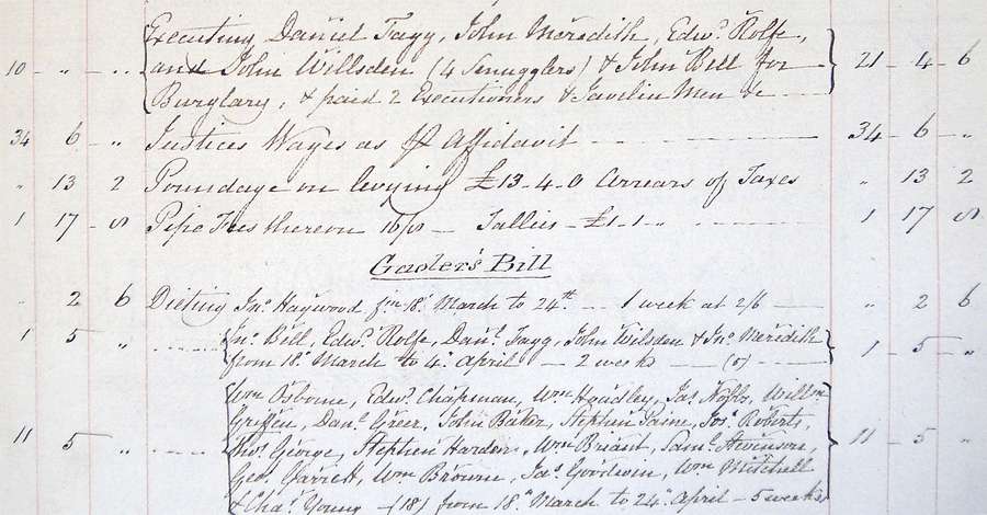 A handwritten list of expenses that includes the cost of hanging of four smugglers..