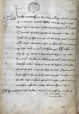 Handwritten document in Early Modern English beginning 'In the name of God'.