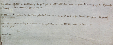 Three sentences in medieval Latin in brown ink, above a single word, on its own.