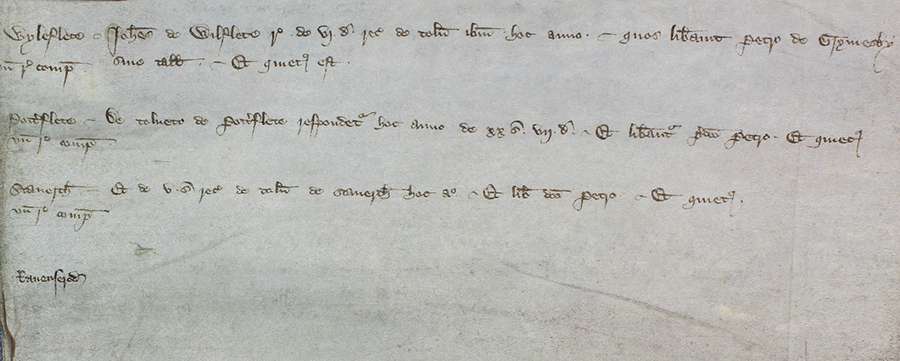 Three sentences in medieval Latin in brown ink, above a single word, on its own.