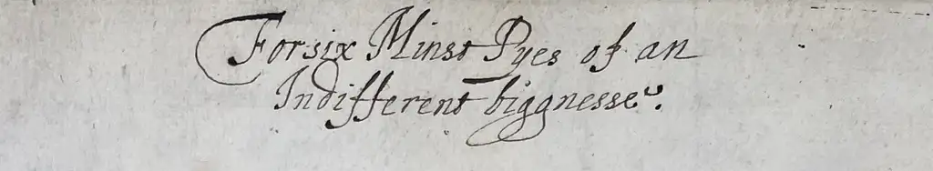 A close up of the title of a recipe ‘For six minse pyes of an indifferent biggnesse’.