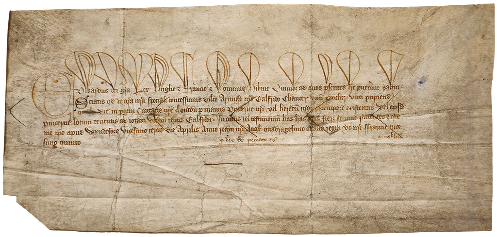 A wide yellowed sheet with five lines of Medieval Latin written in brown ink.