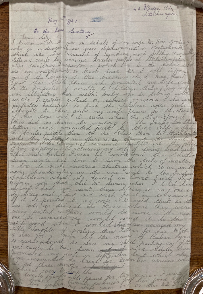 A letter on lined paper that appears to have been written in pencil.