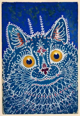 An abstract and elaborate white line drawing of a cat. The cat is deep blue apart from its eyes