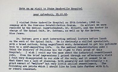 A typed document detailing a government official's visit to Stoke Mandeville Hospital.