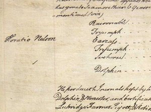 A hand written entry in an official document. On the left hand side the text reads 'Horatio Nelson'